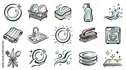 A collection of hand-drawn icons illustrating various aspects of dishwashing and kitchen cleaning, including plates, cutlery, sinks, sponges, and drying racks.