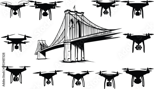 Stylized hand-drawn Brooklyn Bridge vector, artistic New York landmark illustration