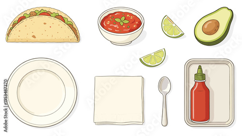 A vibrant illustration of essential Mexican food elements and dining accessories, perfect for various culinary designs and menu presentations