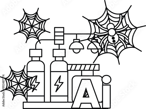 Line art depicts AI and energy with spiders