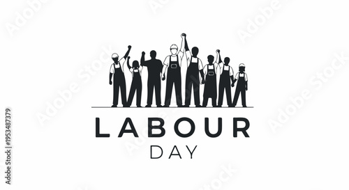 Black and white graphic illustration of a group of people celebrating Labour Day with raised fists and tools on a plain background.