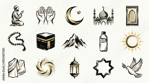 A collection of Islamic cultural and religious symbols, including prayer, Kaaba, mosque, crescent moon, and prayer rug.
