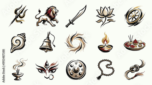 A collection of 15 distinct Hindu religious symbols and icons, rendered in a stylized, artistic manner with a muted color palette.