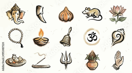 A collection of Hindu religious symbols and items used in worship and rituals, including deities, offerings, and sacred objects.