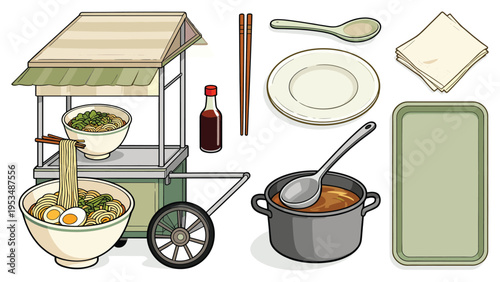 set elements various food and beverage collection featuring authentic Asian noodle dishes, cooking, and dining essentials