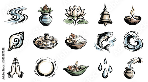 A collection of 15 hand-drawn Hindu religious and cultural symbols, including a lotus flower, conch shell, bell, diya lamp, and prayer hands.