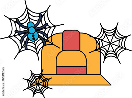 Cradle chair sits beneath three spiderwebs