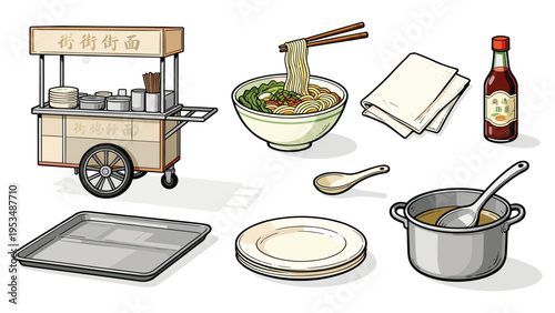 Set elements various food and beverage collection featuring Asian noodle street food, cooking, and serving components