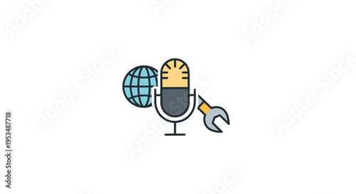 Microphone with globe and wrench icons.
