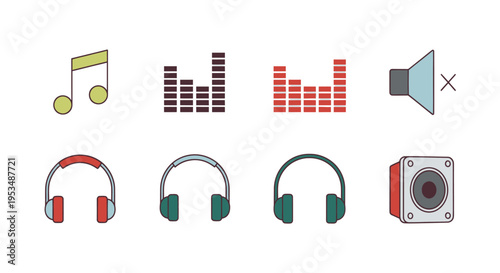 Headphones and music icons set.