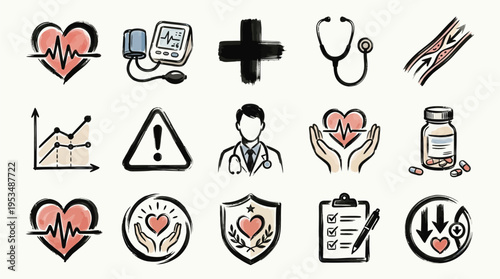 A collection of hand-drawn icons representing various aspects of healthcare, including heart health, medical professionals, and diagnostic tools.