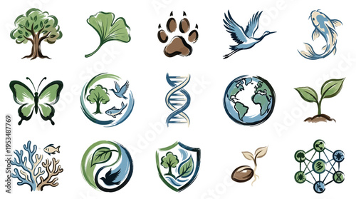 A collection of diverse nature and science-themed icons, including trees, animals, DNA, and the Earth, representing ecological and biological concepts.