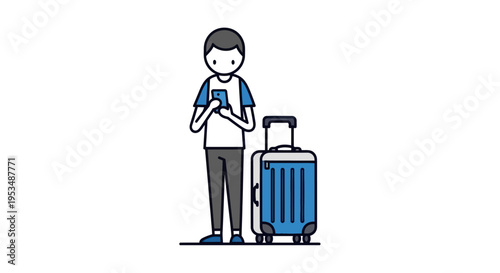 Man standing with travel luggage outside.