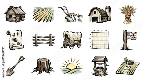 Collection of hand-drawn illustrations depicting various elements of early American homesteading and agriculture, including buildings, tools, and land.