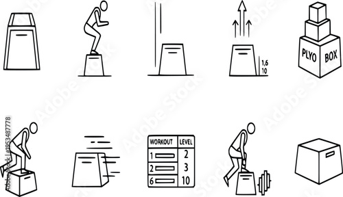 Plyo box line icons, flat vector symbols for explosive training and jump workouts
