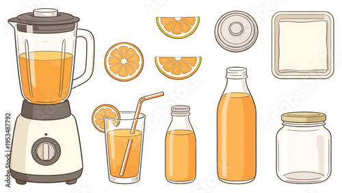 set elements various food and beverage collection featuring fresh orange juice preparation and serving items illustration