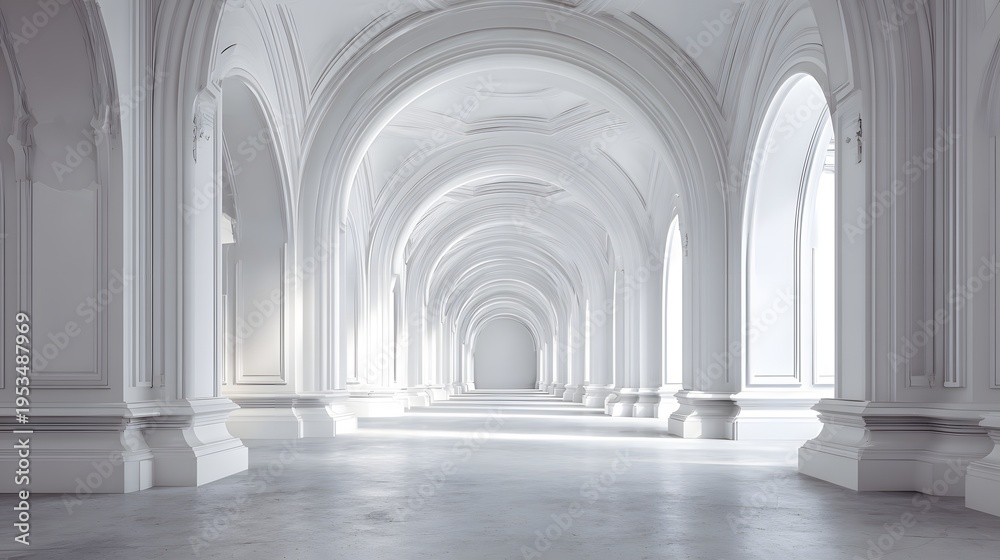 Fototapeta premium Grand White Arched Hallway with Natural Light.