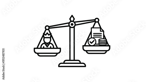 Balance scale weighing a crowned person against a document and coins, symbolizing legal compliance, financial regulation, and justice.
