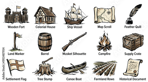 A collection of hand-drawn illustrations depicting various elements related to early colonial settlements and exploration, including buildings, tools, and transportation.