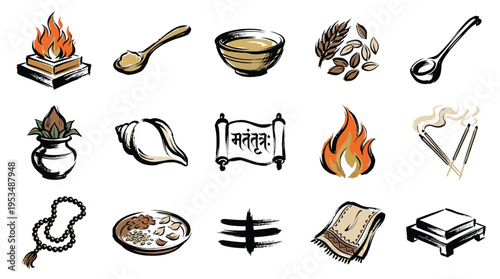 Collection of Hindu religious icons and symbols representing various aspects of worship and rituals, including fire, offerings, and sacred objects.