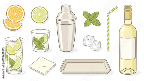 Illustrative collection of essential bar set elements featuring various beverage ingredients and tools