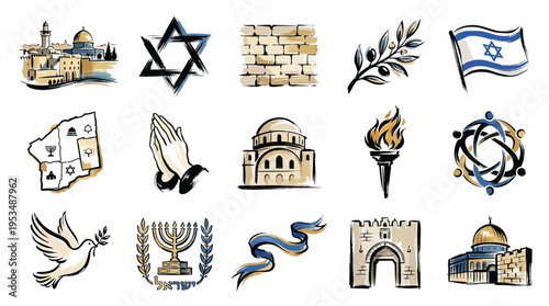 A collection of watercolor illustrations depicting iconic symbols and landmarks associated with Israel and Judaism, including religious sites, national emblems, and cultural motifs.