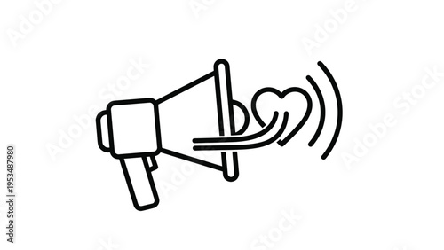Megaphone with a heart icon connected by lines, sending out sound waves, representing emotional communication, spreading love, and advocacy.