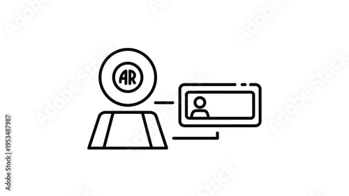 Person icon with "AR" and a screen showing a profile, symbolizing augmented reality, digital identity, and virtual user experience.