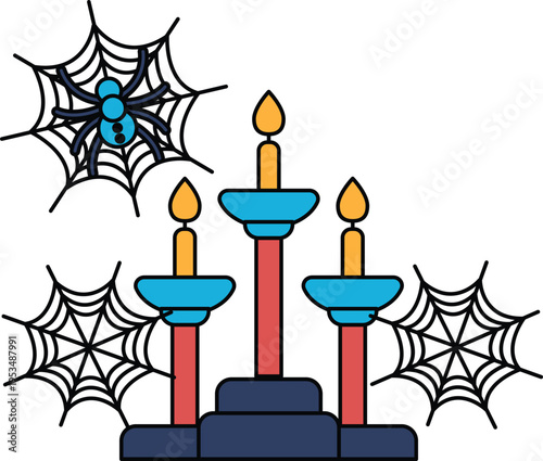 Candles glow warmly beside spiderwebs