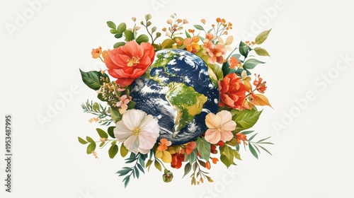 Earth surrounded by vibrant floral elements.