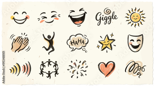 A collection of hand-drawn icons representing joy, laughter, celebration, and positive emotions, including smiling faces, clapping hands, a jumping figure, and a heart.