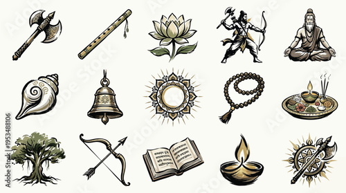 A collection of Hindu religious symbols and artifacts, including deities, weapons, and sacred objects, presented in a stylized illustration.