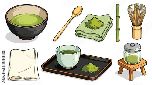 Various food and beverage collection featuring ceremonial green tea preparation set elements for a calming ritual