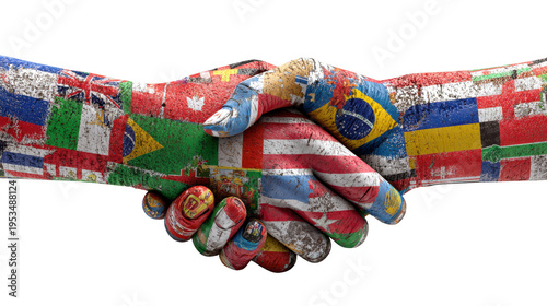 Global unity handshake with international flags painted on hands cooperation partnership and worldwide collaboration concept