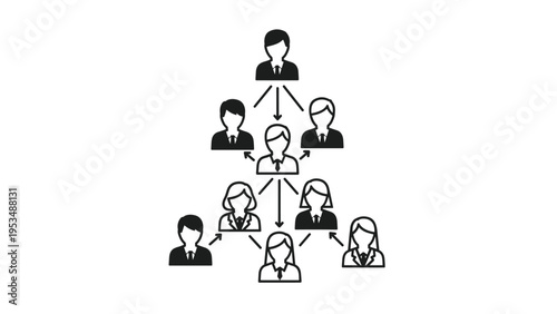 Hierarchical organizational structure of male and female person icons, illustrating a multi-level team or social network pyramid.