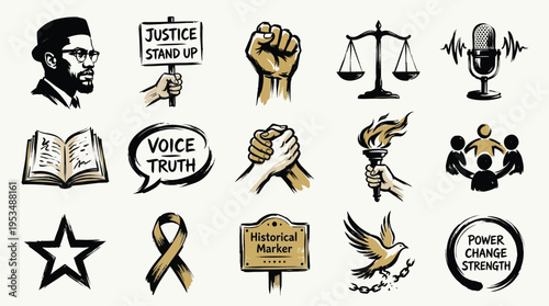 Collection of icons representing social justice, activism, and human rights themes.