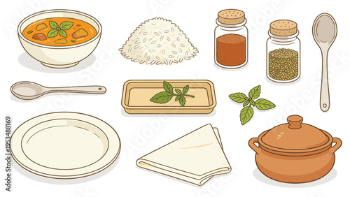 Flat lay illustration of essential culinary ingredients, prepared food, aromatic spices, and kitchen cooking utensils