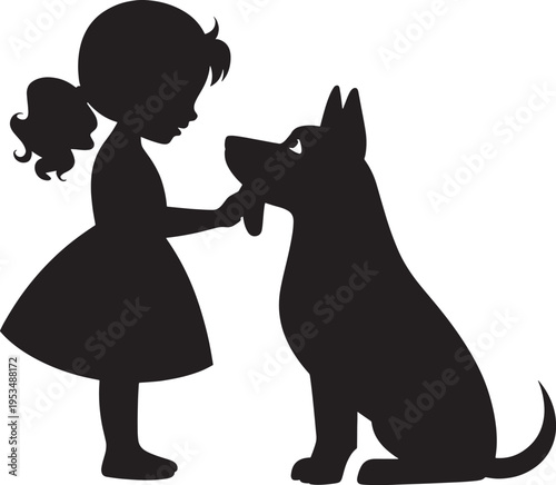 Silhouette little girl with long hair gently caresses a dog, on a transparent background