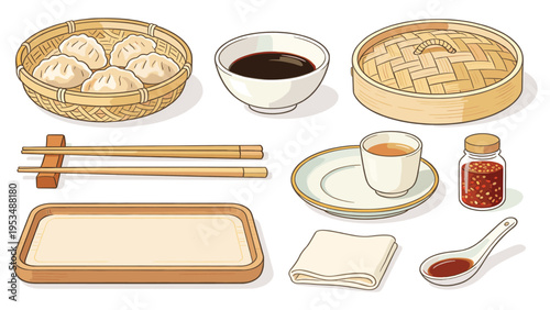 set elements various food and beverage collection featuring authentic Asian dim sum, delicious sauces, and traditional dining elements