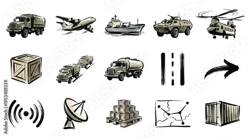 Collection of military logistics and transportation icons, including vehicles, aircraft, ships, and cargo.
