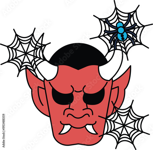 Spooky devil head with sharp horns and fangs
