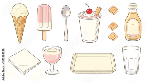 A delightful set of various food and beverage elements, featuring sweet desserts and serving items