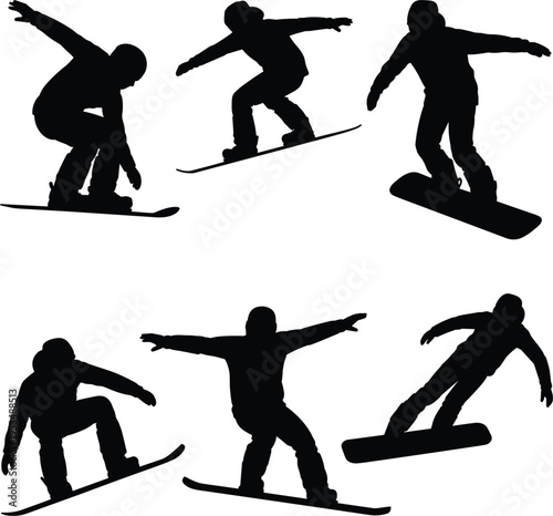 Snowboarder silhouettes set, winter sport action poses collection for extreme activity design vector