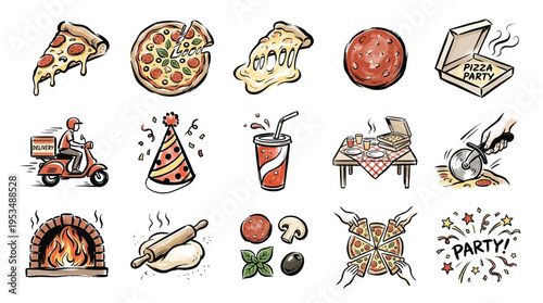A vibrant collection of hand-drawn pizza-themed illustrations, perfect for party invitations and food-related designs.