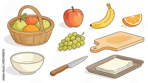 A colorful and practical collection of various fresh fruits and kitchen essentials, featuring a versatile set of elements for healthy cooking and food preparation