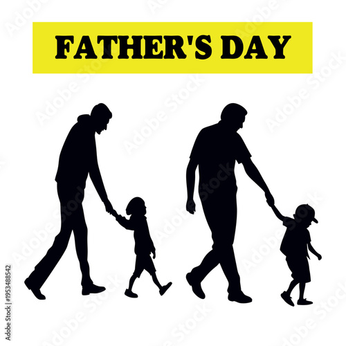 Father's Day Black Silhouette Vector Illustration Set: Two Dads Walking Hand-in-Hand with Their Children, Celebrating Paternal Love and Family Bonds