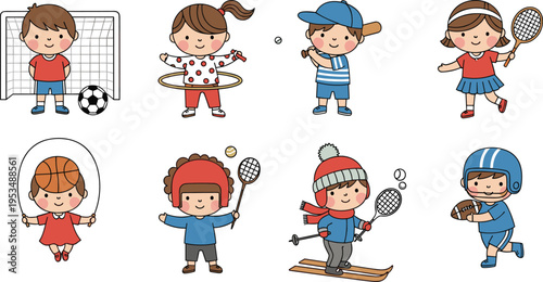 Cute Cartoon Kids Playing Different Sports Activities, Football, Tennis, Skiing, Jump Rope and More, Children Sports Illustration Set