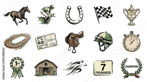 A collection of hand-drawn illustrations depicting various elements associated with horse racing, including a jockey, horse, track, saddle, and trophy.