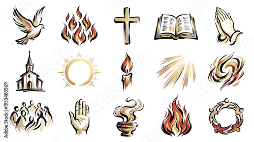 A collection of religious symbols and icons representing faith, spirituality, and worship, including a dove, flames, a cross, a bible, praying hands, a church, and a wreath.