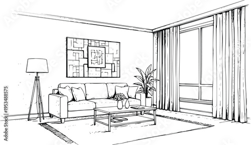 Living room interior sketch black and white hand drawn illustration